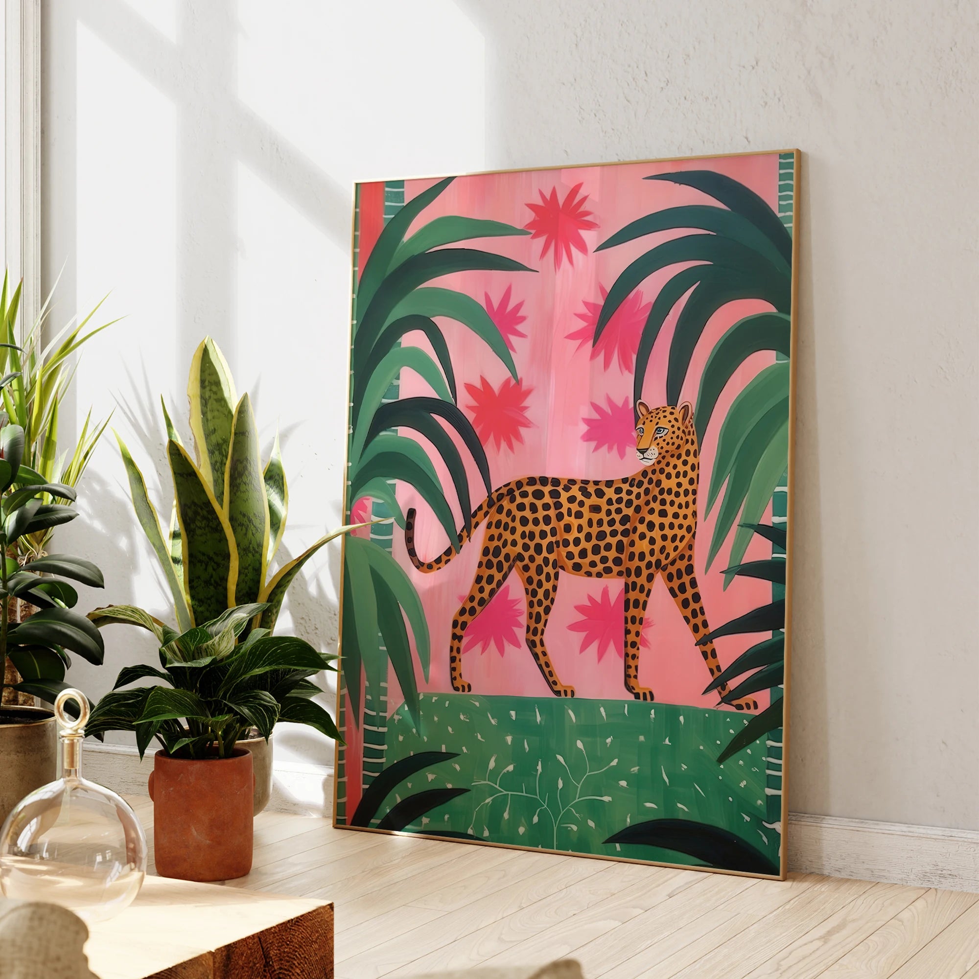 Pink And Green Cheetah In The Jungle Matisse Style Wall Art Prints Canvas Painting Poster Picture For Living Room Home Decor