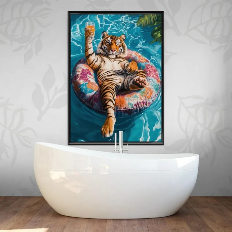 Relaxing Animal on Pool Float Summer Tropical Poster Lion Tiger Cat Canvas Painting Wall Art Fun Bathroom Living Room Home Decor