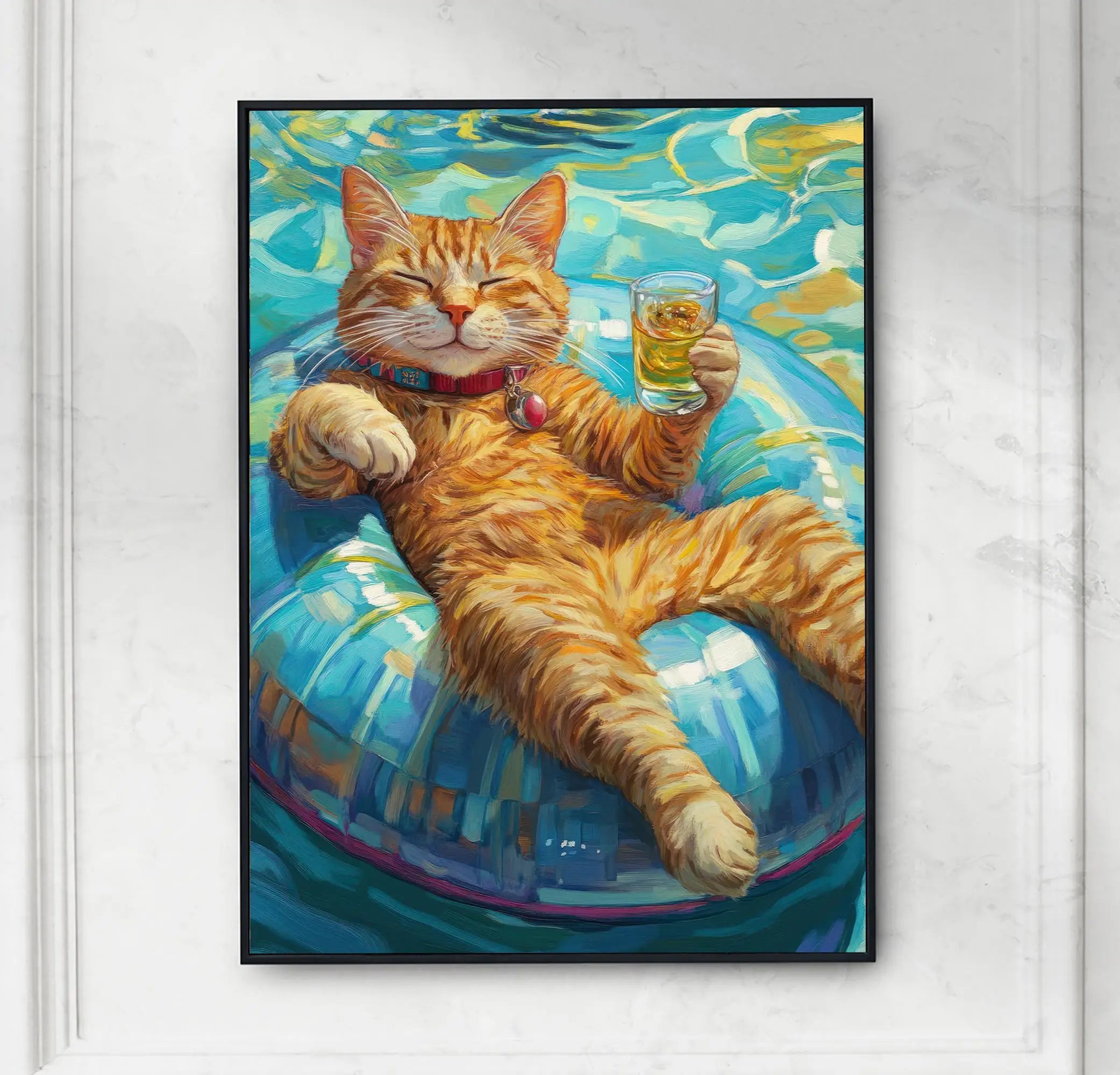 Relaxing Animal on Pool Float Summer Tropical Poster Lion Tiger Cat Canvas Painting Wall Art Fun Bathroom Living Room Home Decor