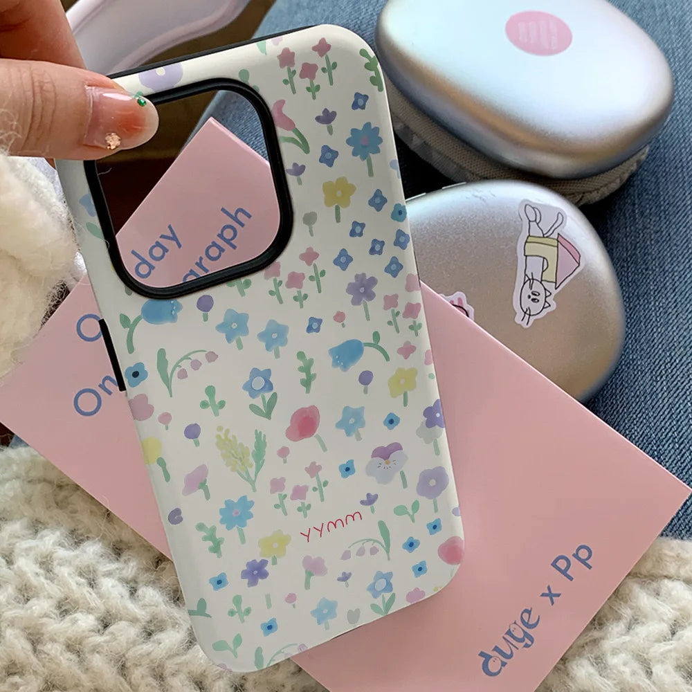 Korean Ins Full Screen of Shattered Flowers Case for IPHONE 16 ProMax 15 14 13 12 11 PRO Plus Acrylic TPU Two in One Phone Cases