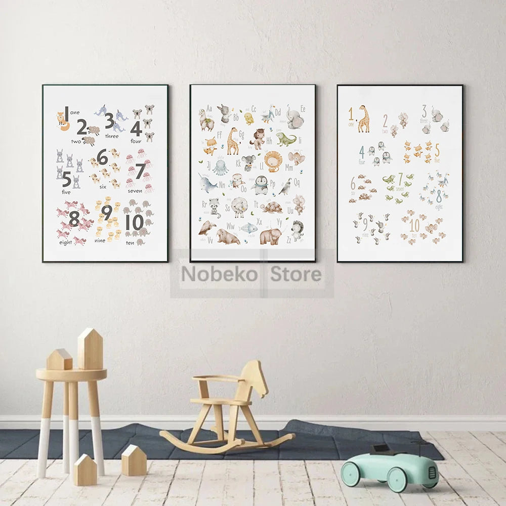Animal Alphabet Educational Posters Watercolor Animals Prints Canvas Wall Art Pictures Neutral Nursery and Playroom Decoration