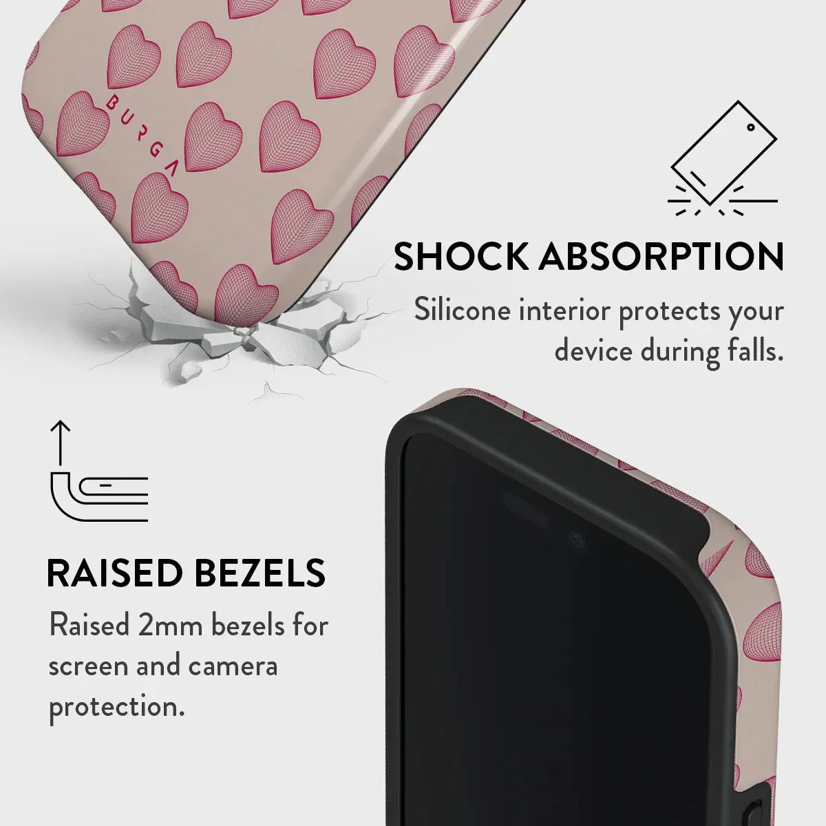 BURGA Pink Love Heart Phone Case for IPhone 16 15 14 13 12 11 Pro Max Plus Luxury Double-layer Back Cover