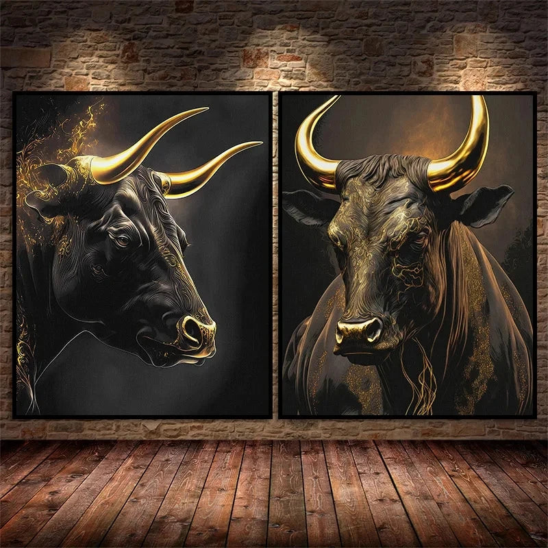 Retro Black Golden Style Bull Art Poster Canvas Painting Modern Animal Wall Print Picture for Living Room Office Home Decor