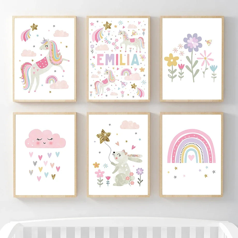 Pink Unicorn Rabbit Rainbow Cloud Flower Nursery Wall Art Canvas Painting Posters And Prints Wall Pictures Baby Kids Room Decor