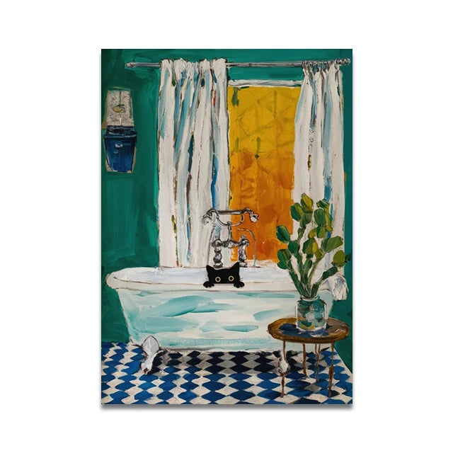 Bathroom Cat Reading on Toilet Canvas Wall Art Print Poster Funny Animal Decor Painting Home Decor Gift Unframed