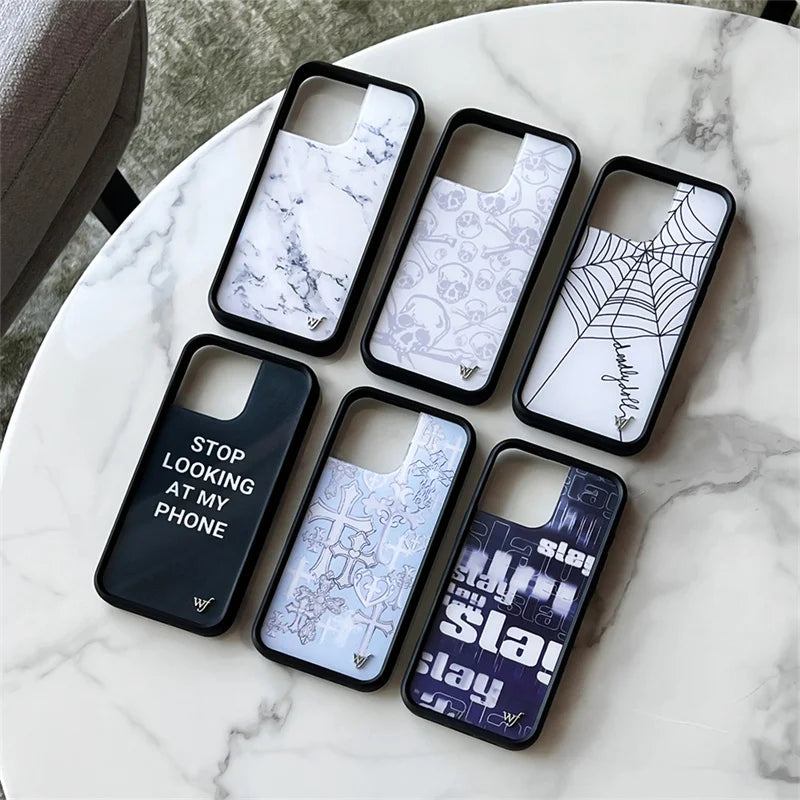Wildflower Glossy 3D Full Marble Spider Web Pattern Phone Case For iPhone 16 15 14 13 12 Pro Max WF Letter Anti-Fall Hard Cover
