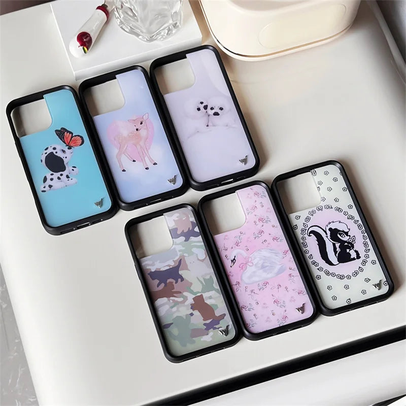 Wildflower 3D WF Metal Logo Anime Phone Case for iPhone 16 15 14 13 12 Pro Max Plus Lovely Dog Deer Camouflage Back Cover Funda