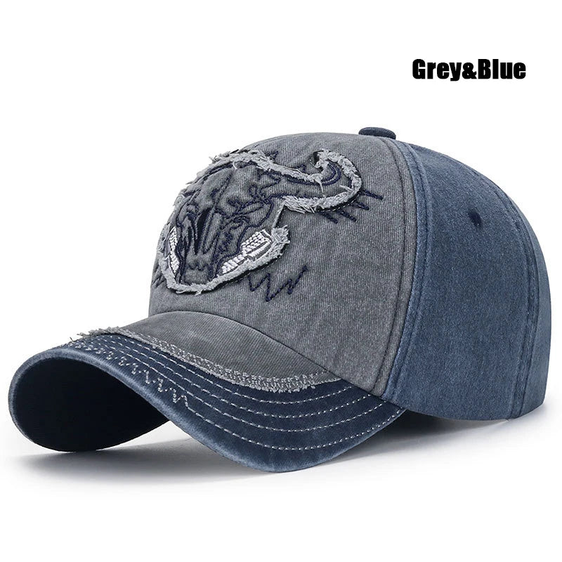 New Fashion Unisex Bull Head Pattern Embroidered Patch Brushed Distressed Style Two Color Cotton Adjustable Baseball Cap