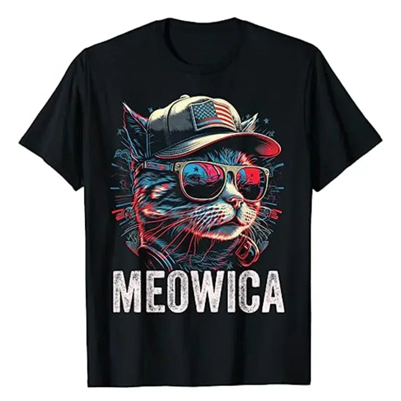 Meowica 4th of July Cat American Flag America USA Funny T-Shirt Kitty Lover Patriotic Graphic Tee Tops Independence Day Apparel
