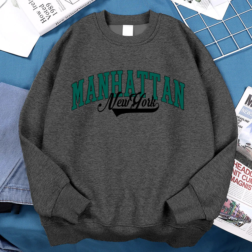 New York Manhattan Letter Sweatshirts Men Fur-liner Fleece Sweatshirt Minimalism Style Hoodie Flexible Comfort Hoodies Clothing