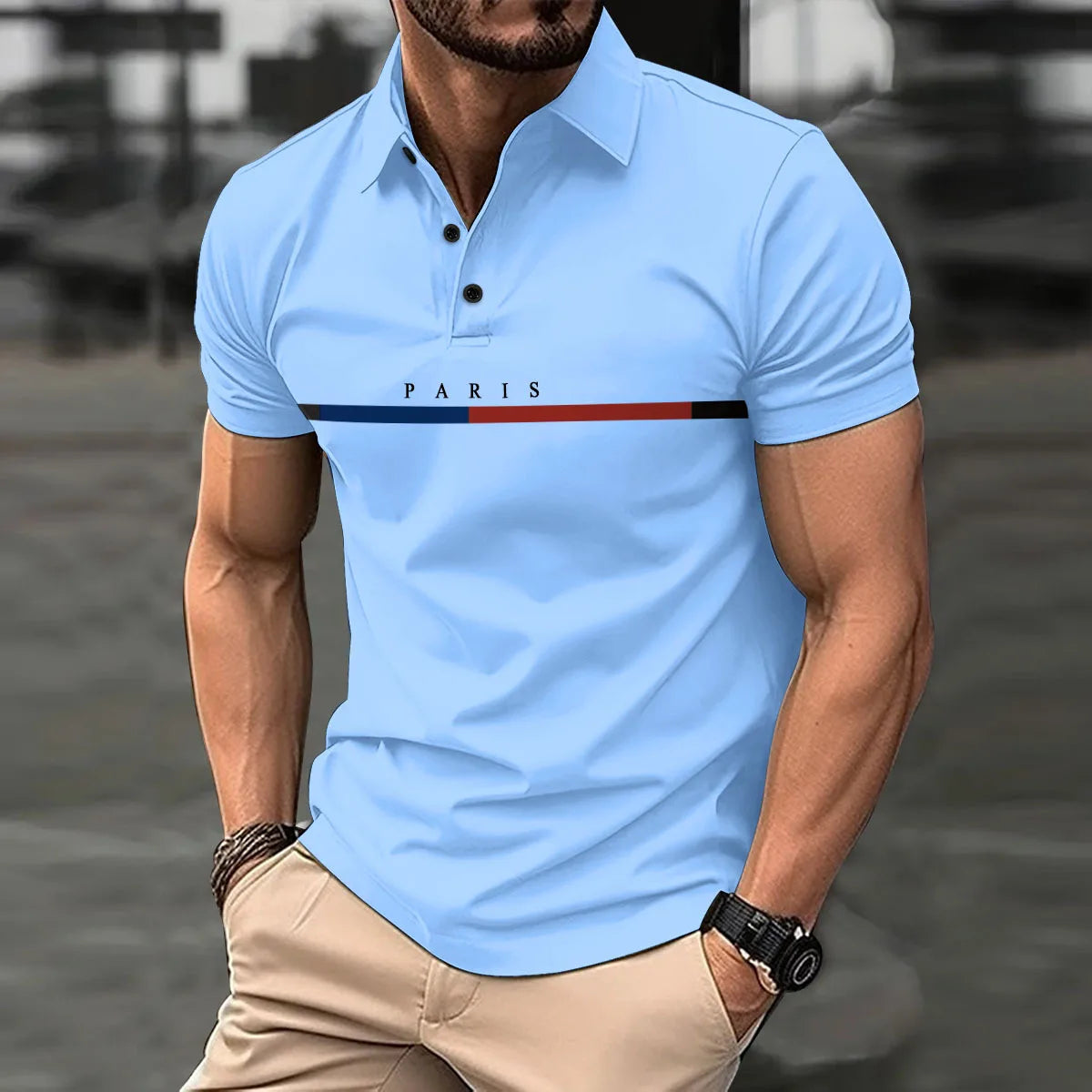 Fashionable men's new summer short-sleeved printed striped French color button lapel POLO shirt sports casual slim shirt