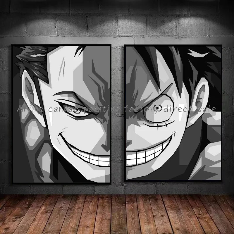Hot-blooded Anime One Piece Luffy Zorro Watercolor Character Poster Suitable for Home Bedroom Decoration Vintage Canvas Painting