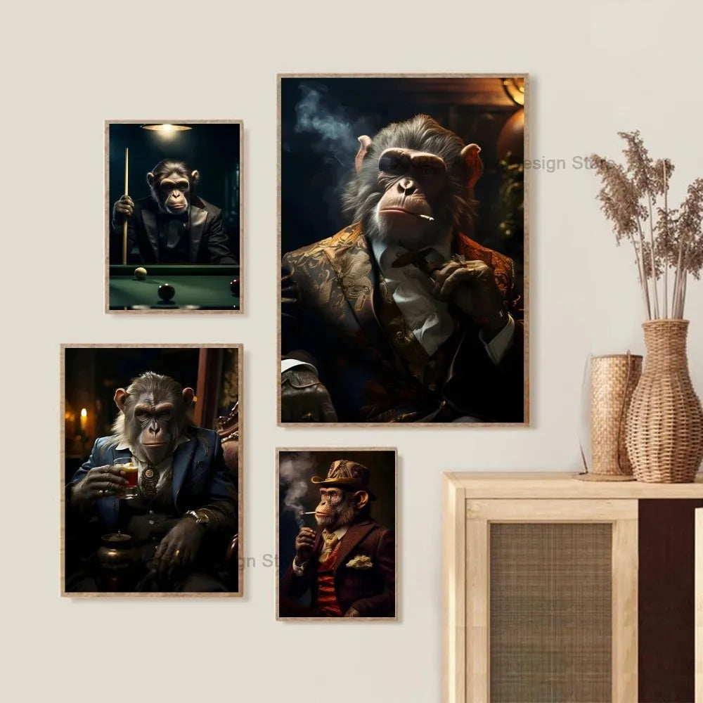 Vintage Gangster Billiards Animal Monkey Smoke Portrait Poster Frameless Painting Living Room Studio Wall Art Home Decoration