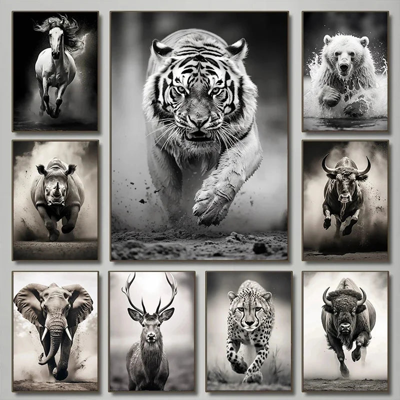 Animals Black and White Poster Prints Tiger Elephant Deer Cheetah Bull Horse Canvas Painting Wall Art Living Room Home Decor