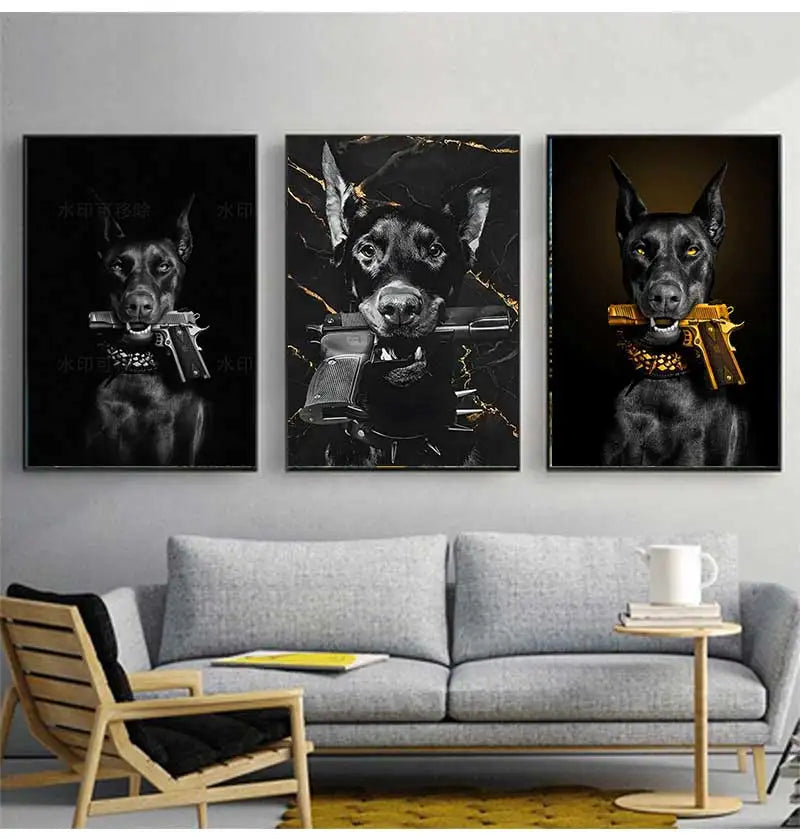 Modern Fashion Black Doberman Dog with Golden Pistol Poster Canvas Painting Luxury Animal Wall Art Picture for Living Room Decor