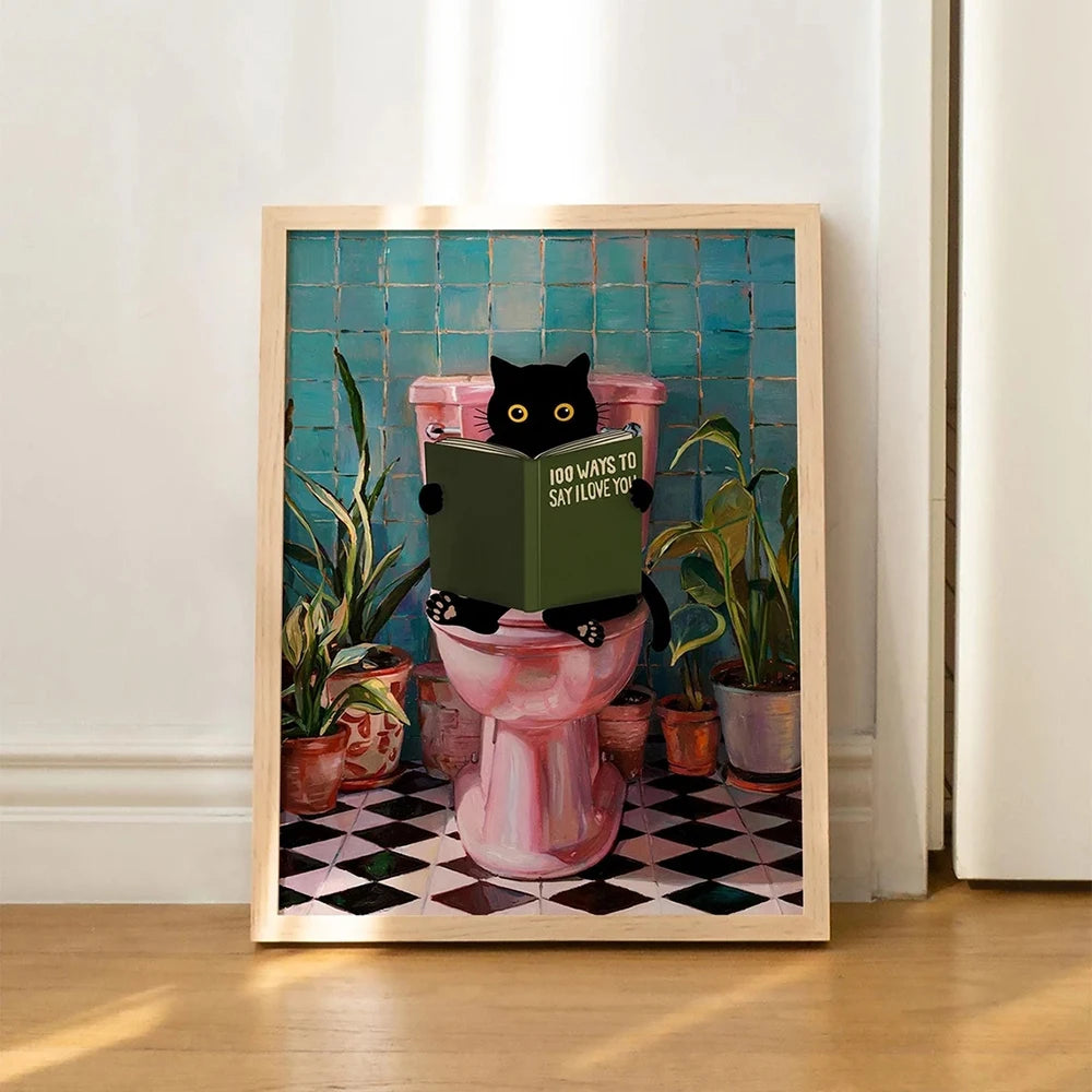 Bathroom Cat Reading on Toilet Canvas Wall Art Print Poster Funny Animal Decor Painting Home Decor Gift Unframed