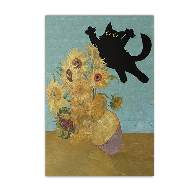 Funny Black Cat Wall Art Van Gogh Starry Night Poster Abstract Famous Reproduction Canvas Painting Aesthetic Room Home Decor