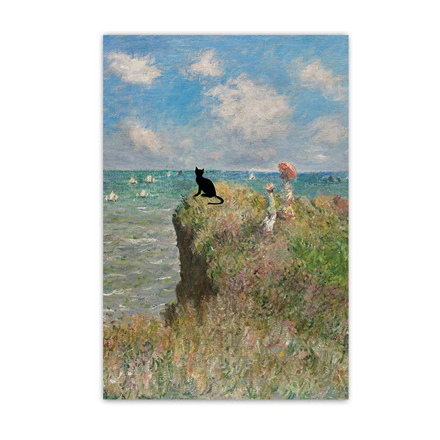 Funny Black Cat Wall Art Van Gogh Starry Night Poster Abstract Famous Reproduction Canvas Painting Aesthetic Room Home Decor