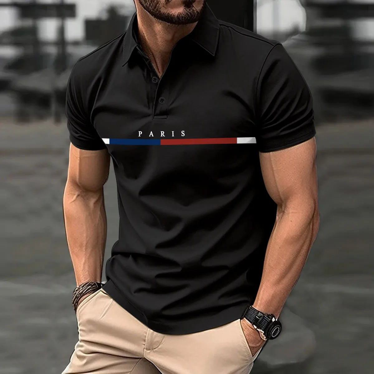 Fashionable men's new summer short-sleeved printed striped French color button lapel POLO shirt sports casual slim shirt
