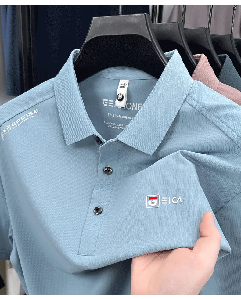 Luxury fashion men's short sleeve polo shirt summer new trend brand symbol embossed silky smooth loose breathable lapel T-shirt