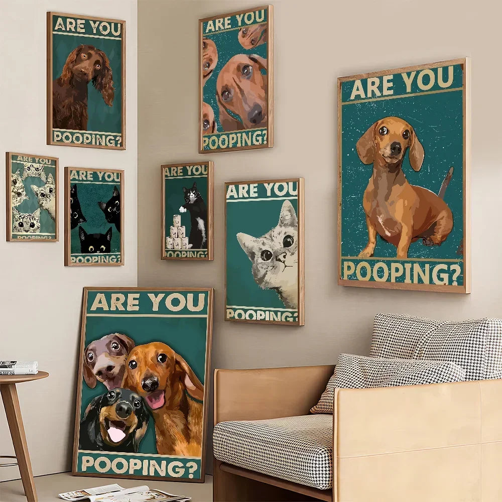 Vintage Toilet Animals Cat Dog Are You Pooping Funny Bathroom Sign Poster Self-adhesive Frameless Painting Wall Art Home Decor