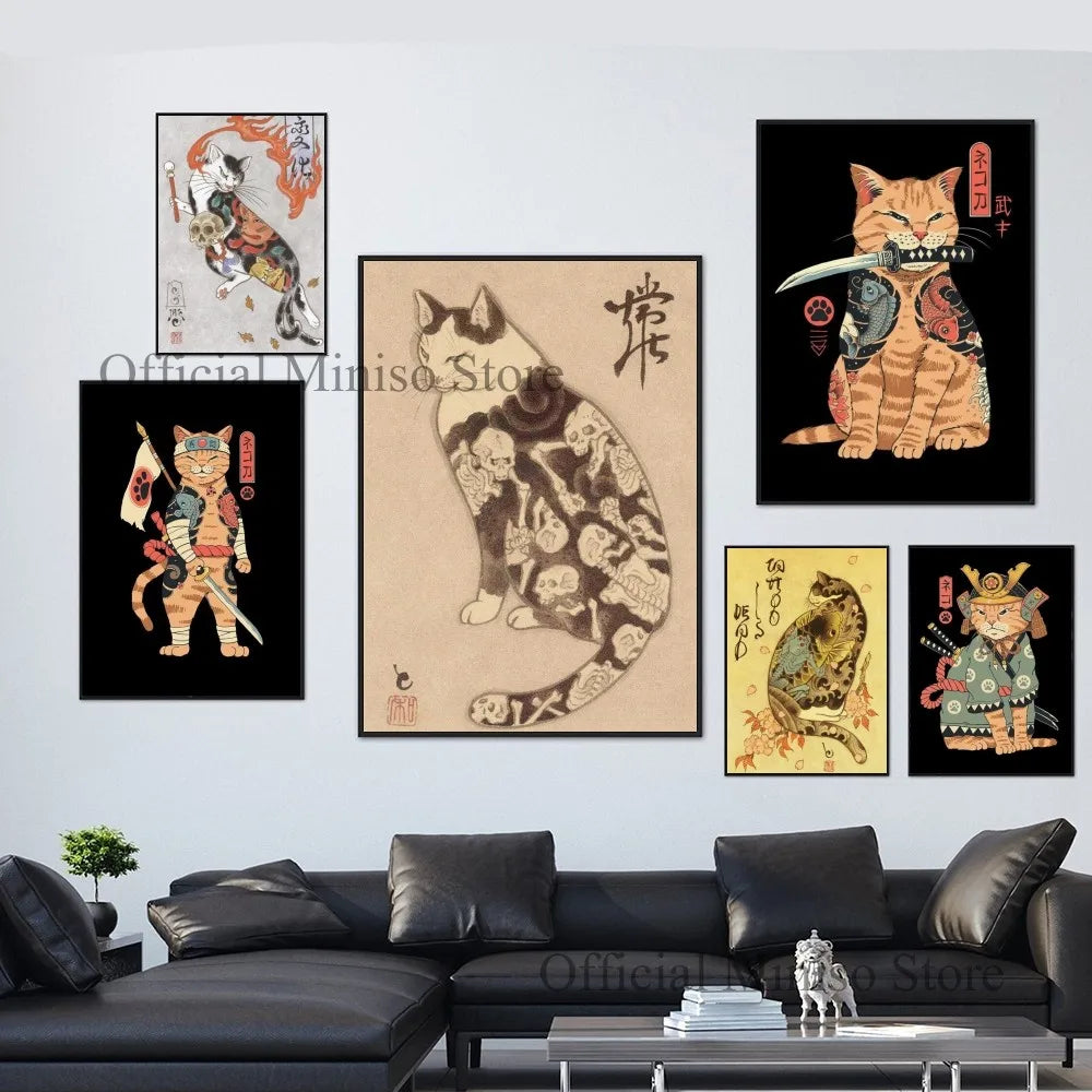 Japanese Tattoo Samurai Cat Poster Self-adhesive Art Poster Waterproof Paper Sticker Coffee House Bar Room Wall Decor