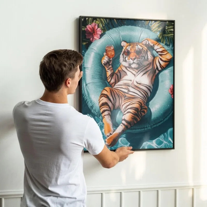 Relaxing Animal on Pool Float Summer Tropical Poster Lion Tiger Cat Canvas Painting Wall Art Fun Bathroom Living Room Home Decor