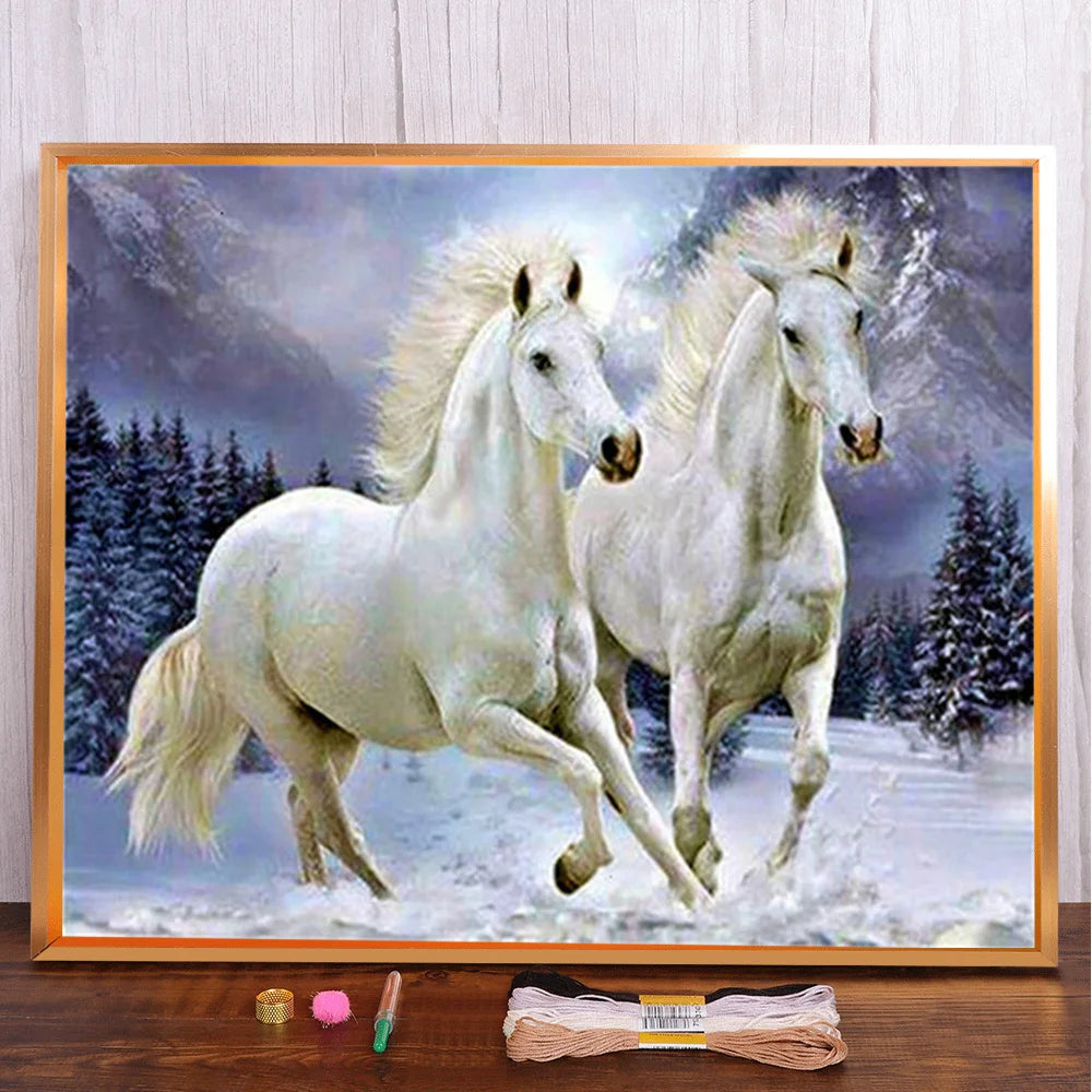 Animal Horse Printed Cross Stitch DIY Embroidery Set DMC Threads Needlework Sewing Handiwork Handicraft Floss Needle Room Decor