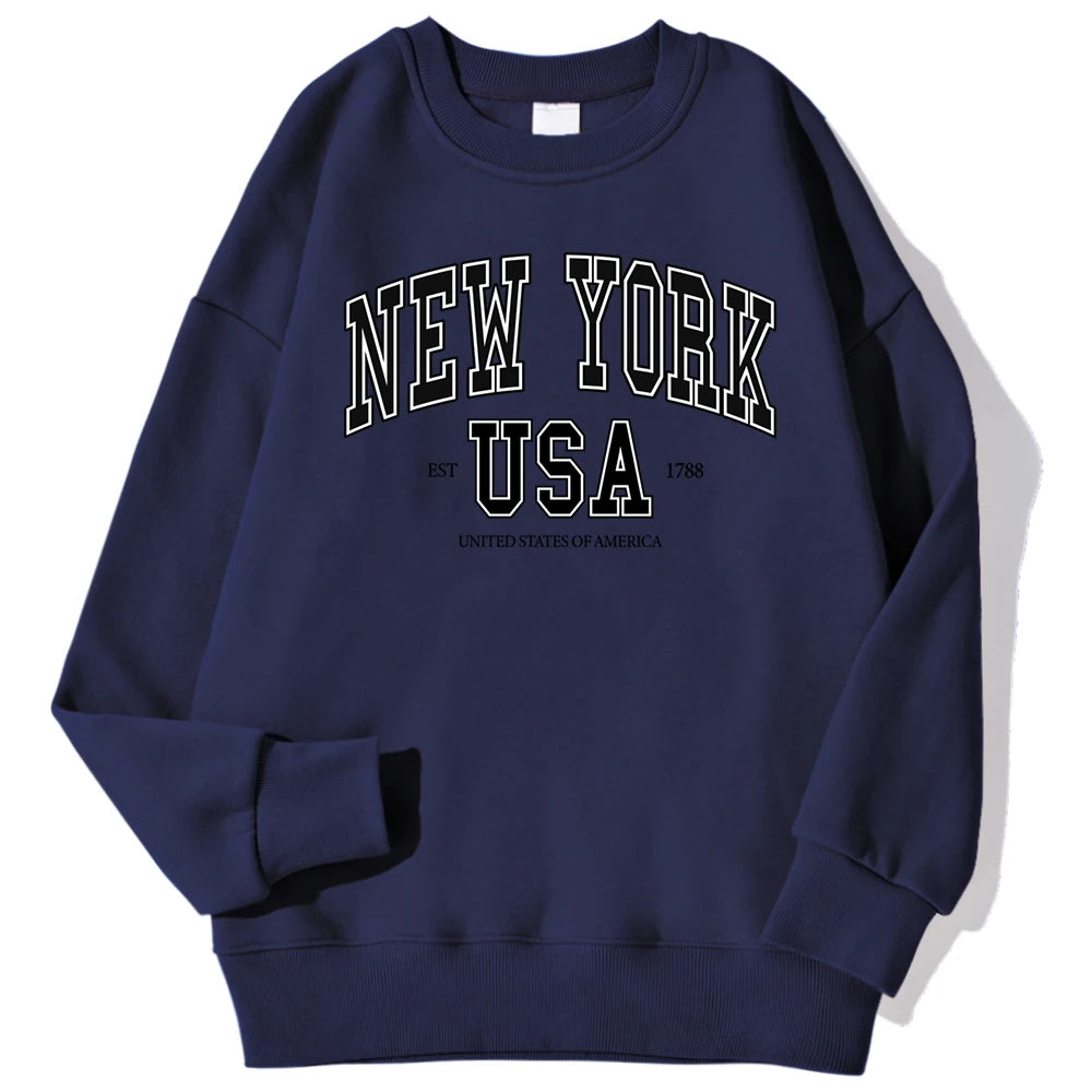 New York Usa Est 1788 Street City Letter Prints Male Sweatshirts Autumn Casual Hoodies Loose Pullovers Crewneck Soft Clothing