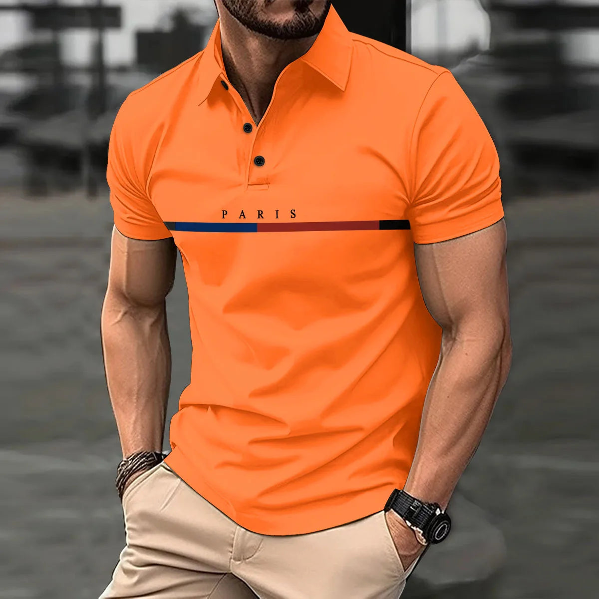 Fashionable men's new summer short-sleeved printed striped French color button lapel POLO shirt sports casual slim shirt