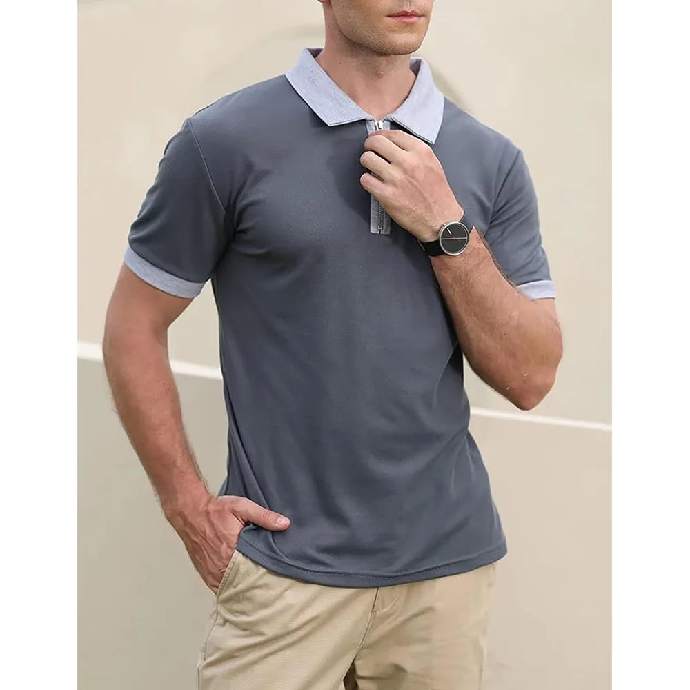 Summer Men's Polo Shirt  Contrast Color Half Zipper Turn-down Collar Breathable Short Sleeve Tops  Male Casual T-shirts