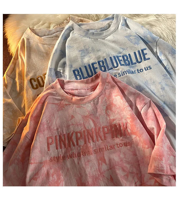 Tie-dye Embroidery Letter Short Sleeve Top Korean Popular Trendy Female T-shirt Summer New 2024 Fashion Y2K Tops