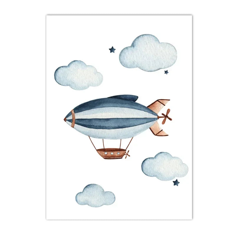 Hot Air Balloon Canvas Poster Custom Name Art Painting Blue Helicopter Plane Print Pictures Nursery Wall Posters Kids Room Decor