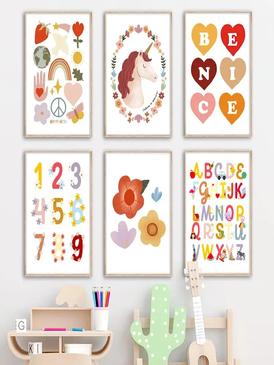 Adorable Alphabet Numbers Unicorn Horse Fruits Flowers Cartoon Wall Art Canvas Painting Prints  Baby Kids Room Decor