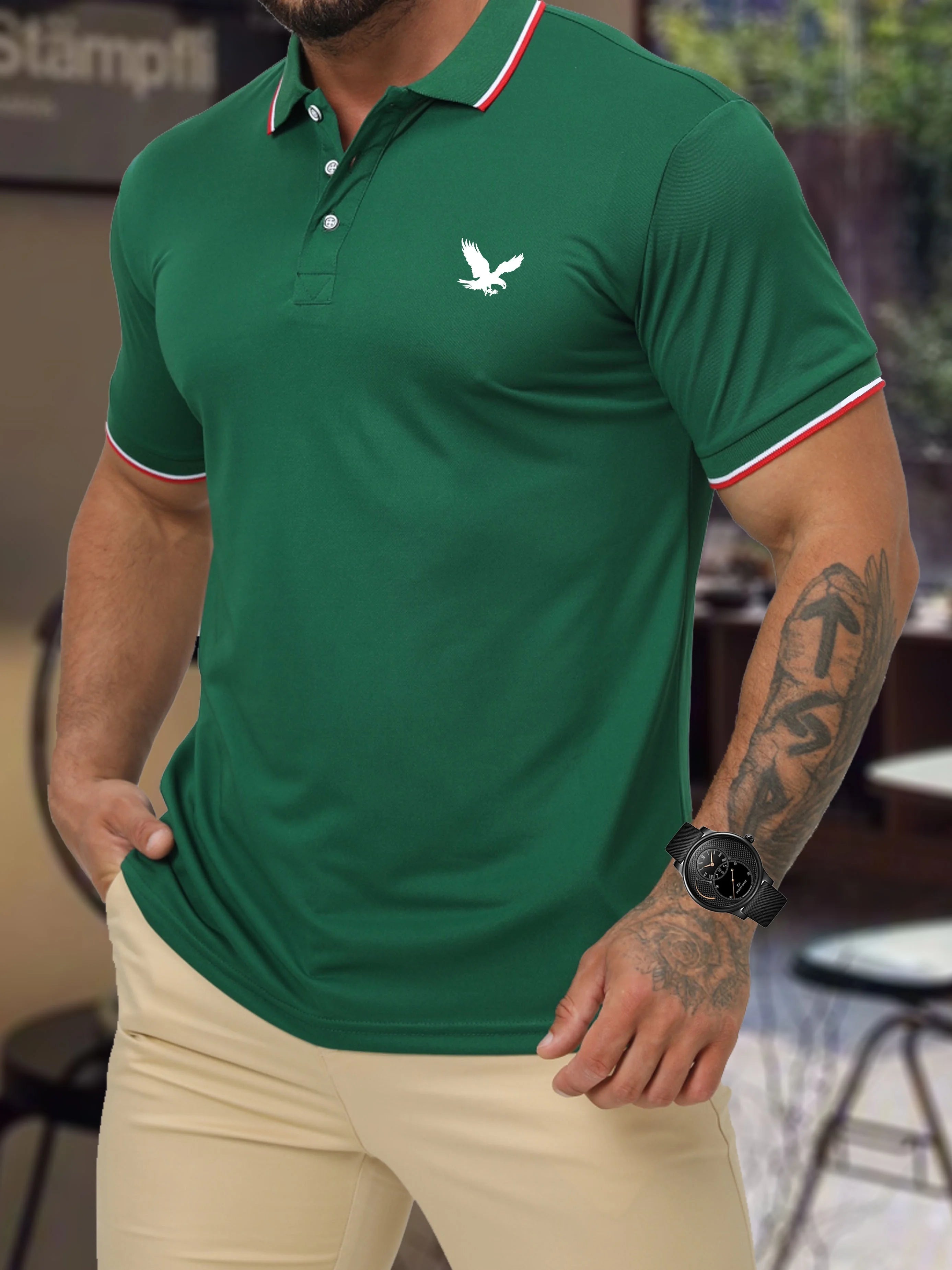 Men's Summer 100 Cotton Eagle Pattern Print Loose Large Casual Polo Collar Short Sleeve POLO Shirt Top