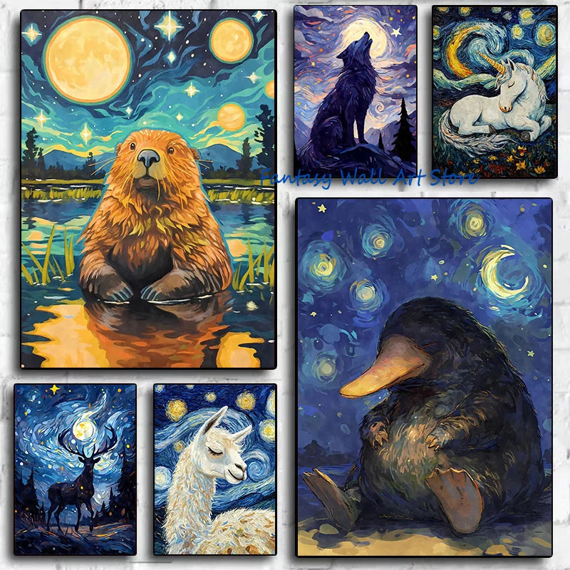 Starry Night Animals Cat Beaver Bober Platypus Buck Deer Retro Cute Animal Poster Canvas Painting Wall Pictures Home Room Decor