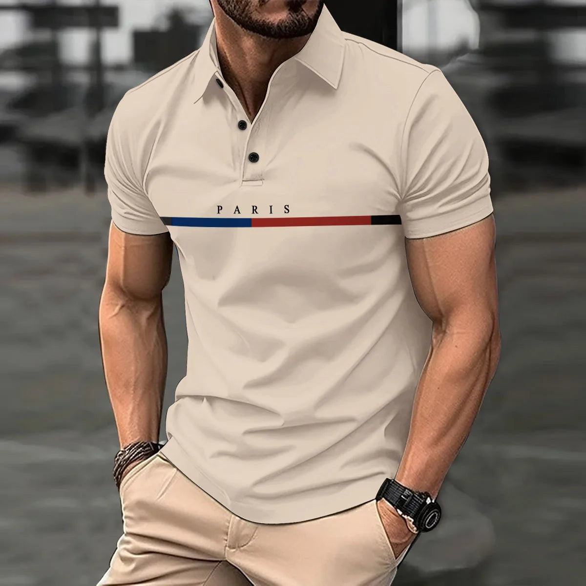 Fashionable men's new summer short-sleeved printed striped French color button lapel POLO shirt sports casual slim shirt