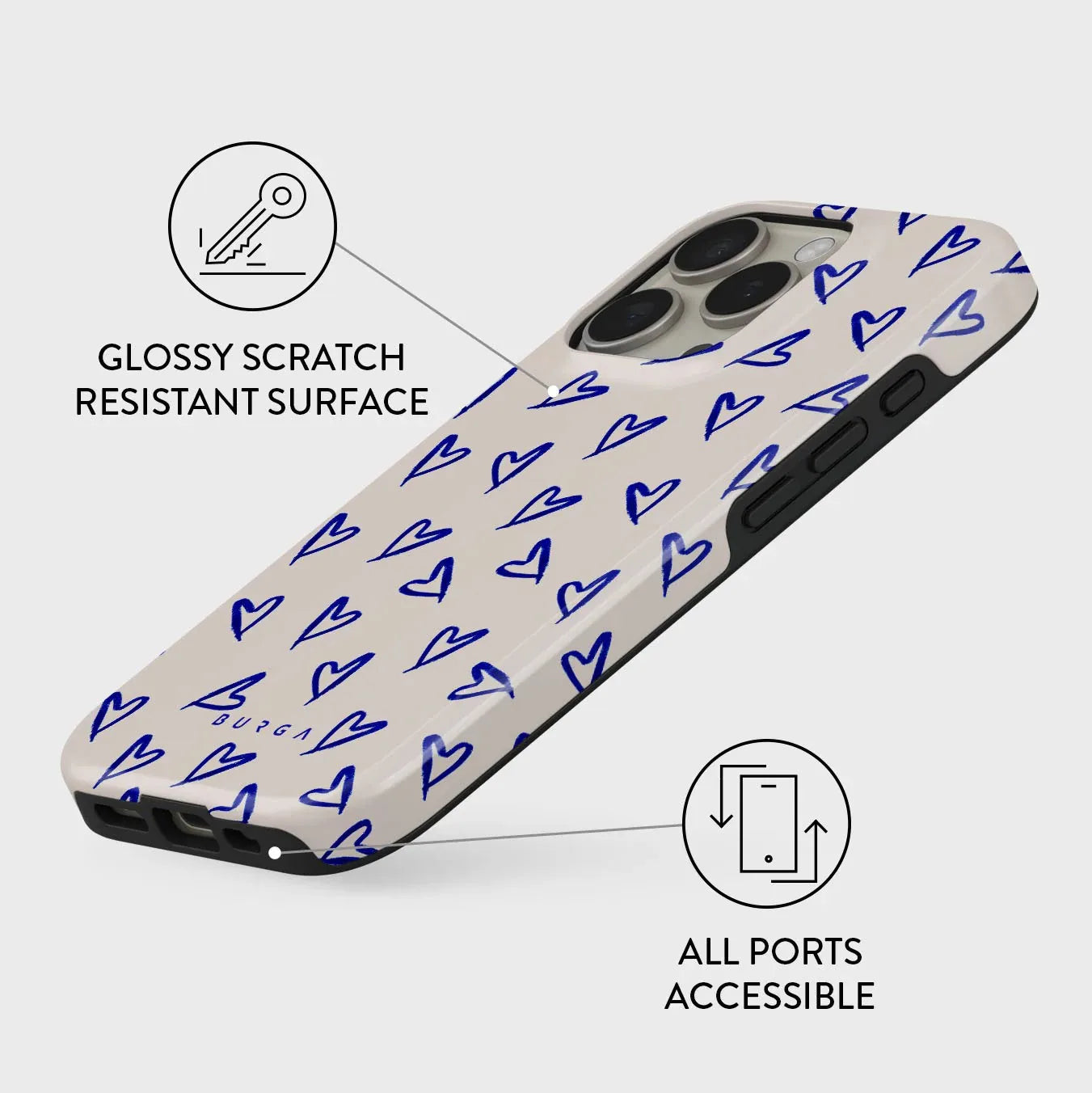 BURGA Blue Love Heart INS Phone Case for IPhone 16 15 14 13 12 11 Pro Max Plus Luxury Double-layer Back Cover