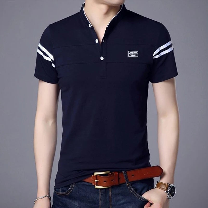 2025 Men's Casual Fashion Solid Color Short Sleeved Polo Shirt Stand Up Collar Versatile Comfortable Top