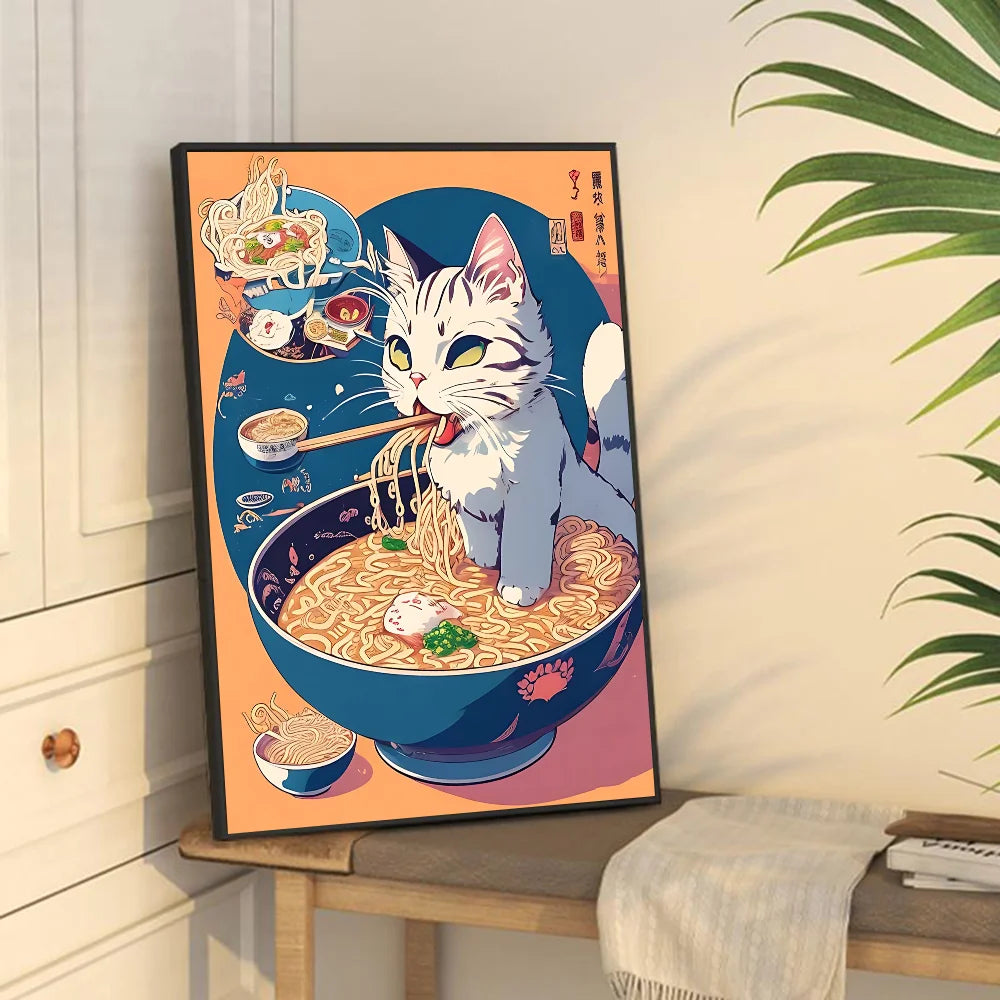 Hot Style Ramen Animal Cat Anime Posters Sticky Whitepaper Sticker DIY Room Bar Cafe Kawaii Room Decor
