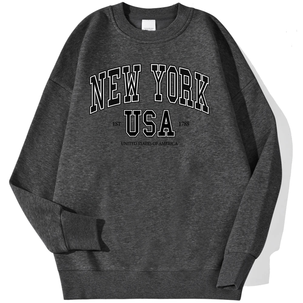 New York Usa Est 1788 Street City Letter Prints Male Sweatshirts Autumn Casual Hoodies Loose Pullovers Crewneck Soft Clothing