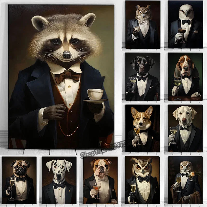 Funny Animals Raccoon in Tuxedo Owl Pug Suit Print Poster Canvas Painting Cute Kawaii Wall Art Pictures Living Room Home Decor