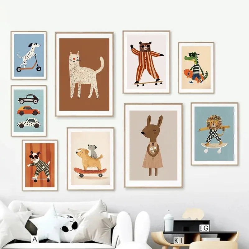 Funny Animals Rabbit Dog Cat Skateboard Posters Prints Wall Art Canvas Neutral Nursery Picture for Baby Kids Room Decor Unframed