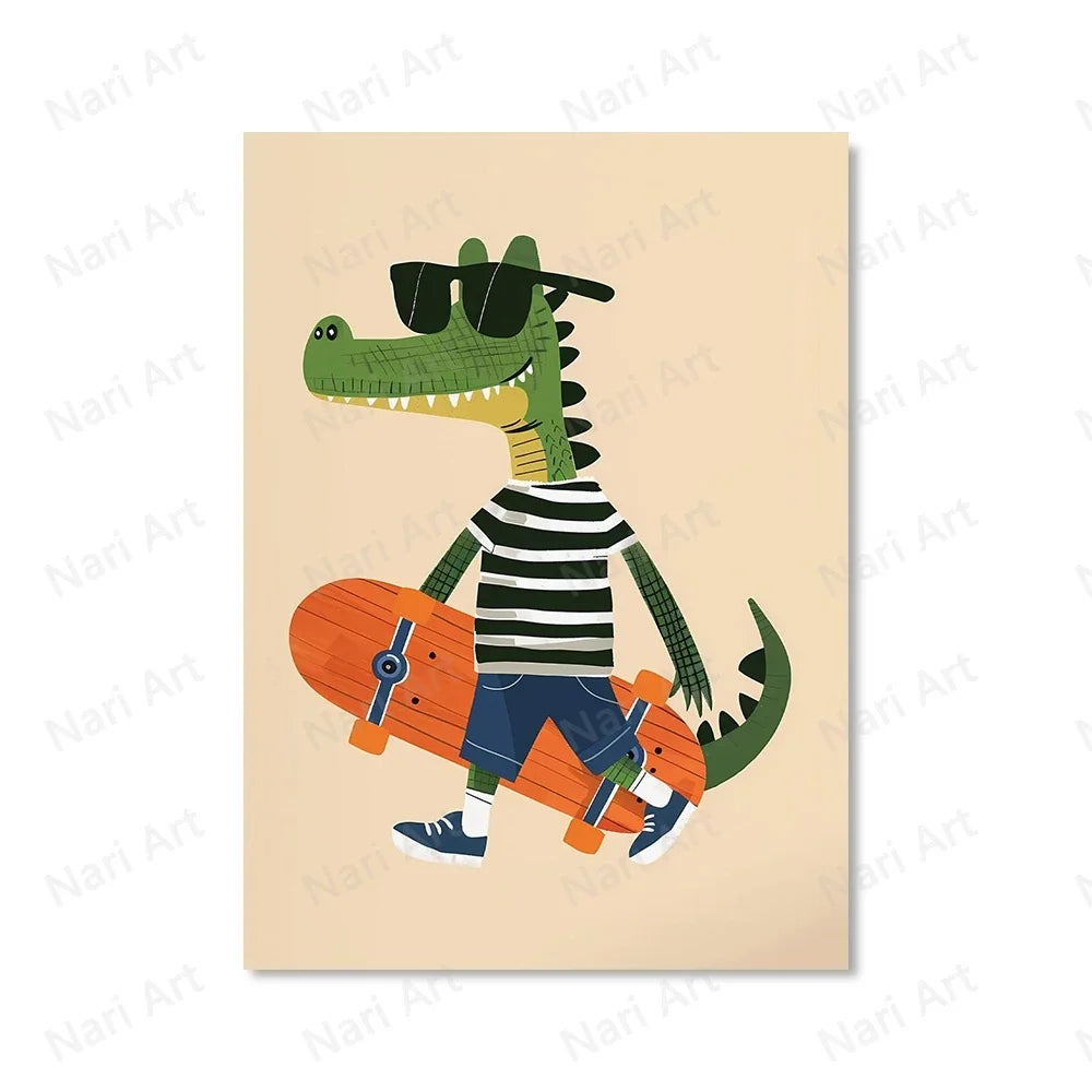 Funny Animals Rabbit Dog Cat Skateboard Posters Prints Wall Art Canvas Neutral Nursery Picture for Baby Kids Room Decor Unframed