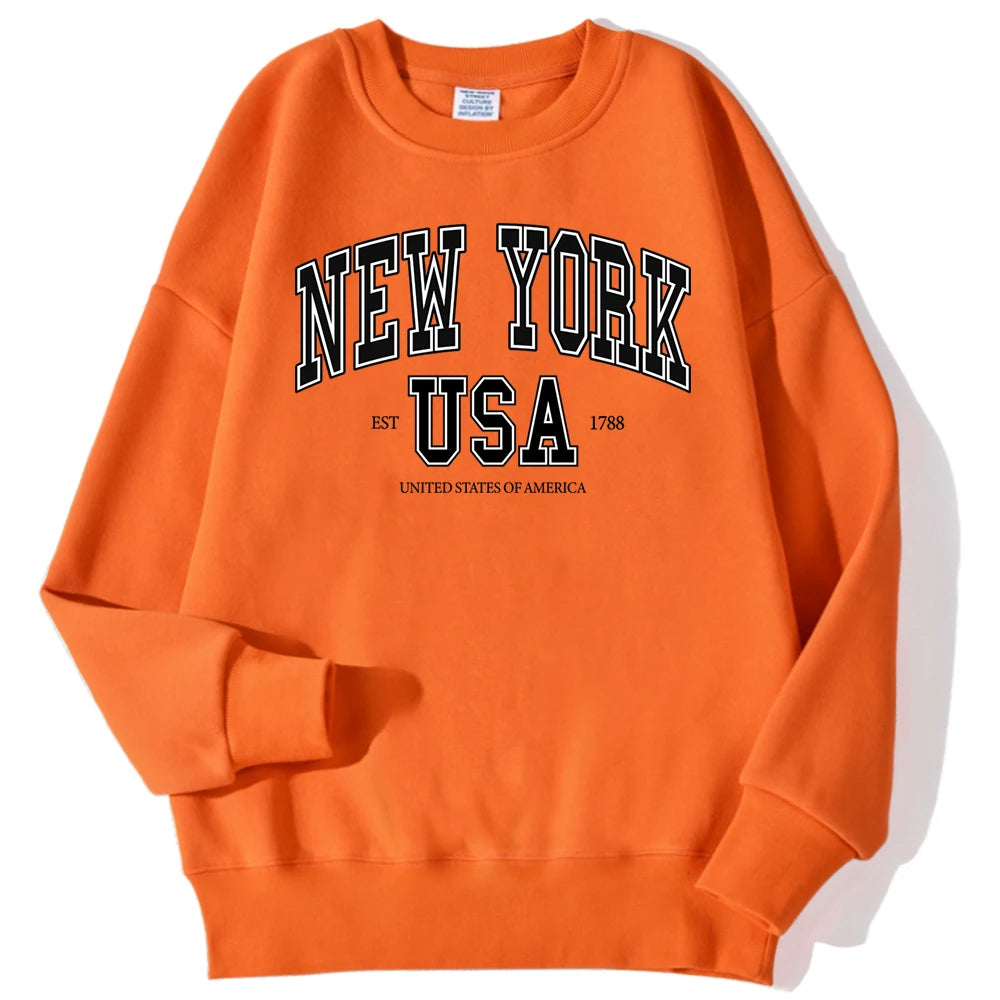 New York Usa Est 1788 Street City Letter Prints Male Sweatshirts Autumn Casual Hoodies Loose Pullovers Crewneck Soft Clothing