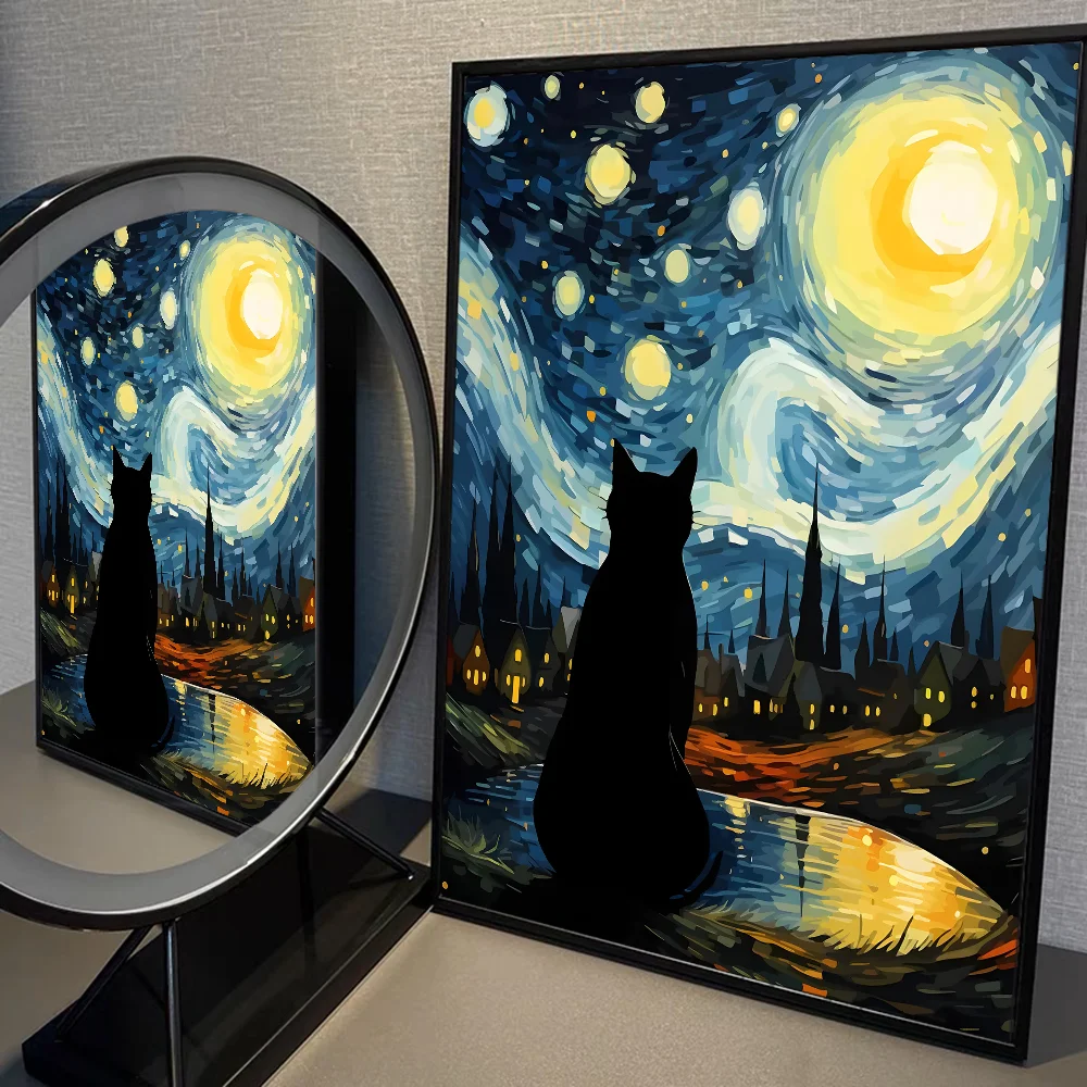 Van Gogh The Starry Night Romantic Black Cat WhitePaper Poster Sticker for Living Room Bar Decorants Aesthetic Art Wall Painting