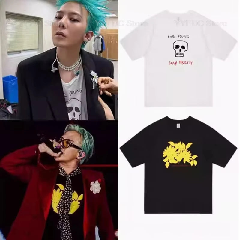 G Dragon Same T Shirt Men Women Cotton Summer Short Sleeve Tee Tops Bigbang G-Dragon Album Übermensch Skull Daisy Print T-shirt