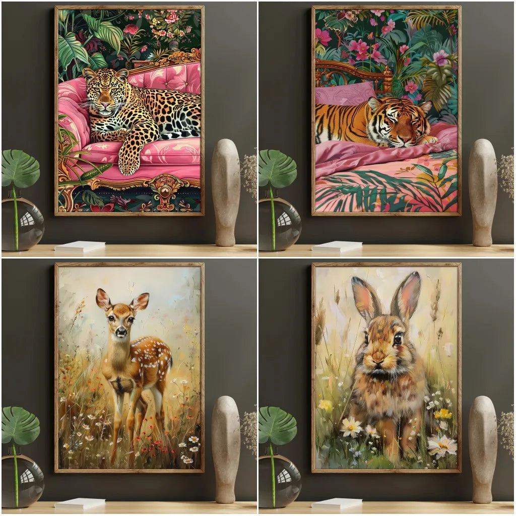 Pop Lovely Wildlife Wall Art Canvas Print Leopard Tiger Sleep On Bed Painting Deer Rabbit In Flowers Poster Home Decoration
