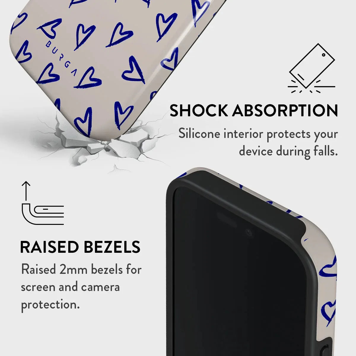 BURGA Blue Love Heart INS Phone Case for IPhone 16 15 14 13 12 11 Pro Max Plus Luxury Double-layer Back Cover