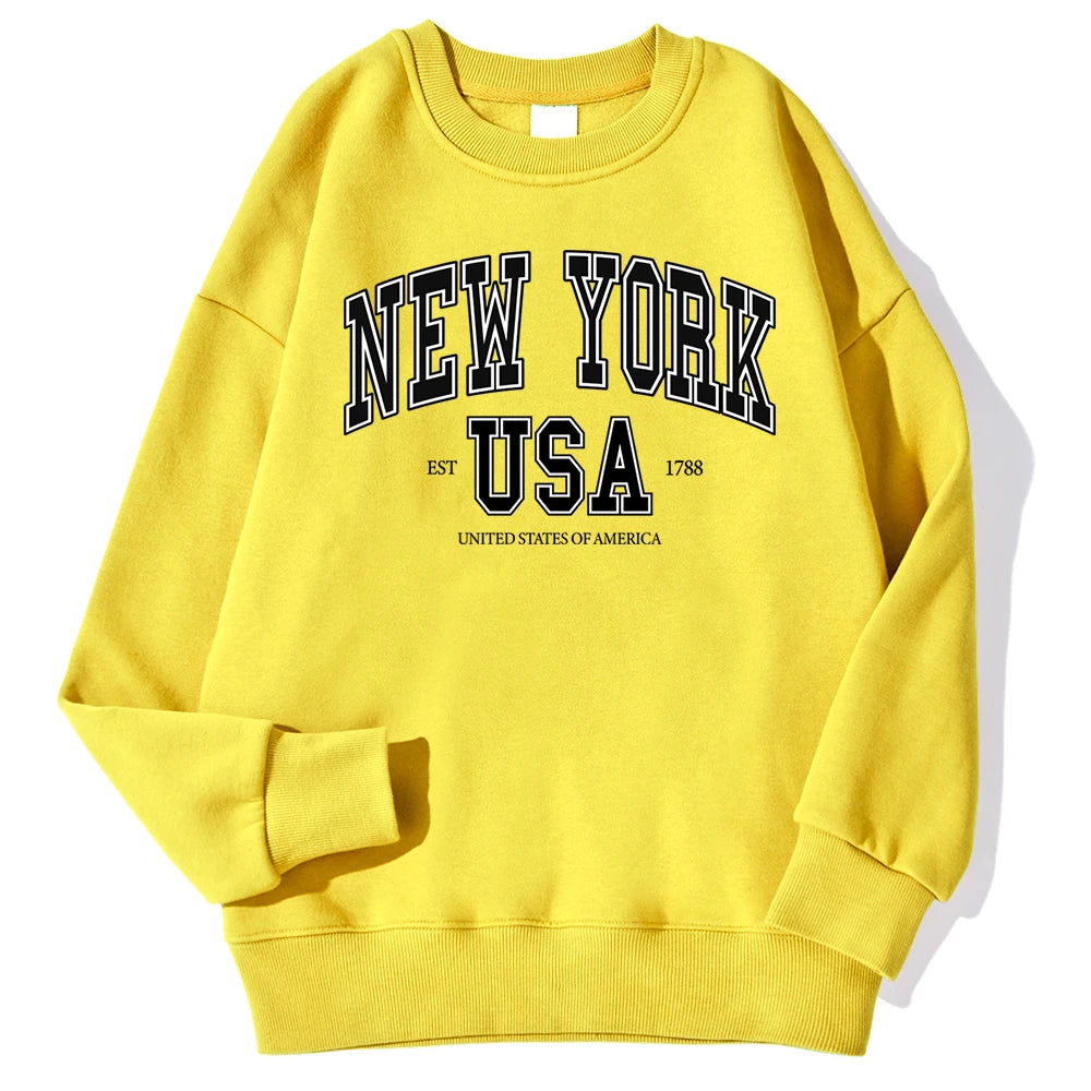 New York Usa Est 1788 Street City Letter Prints Male Sweatshirts Autumn Casual Hoodies Loose Pullovers Crewneck Soft Clothing